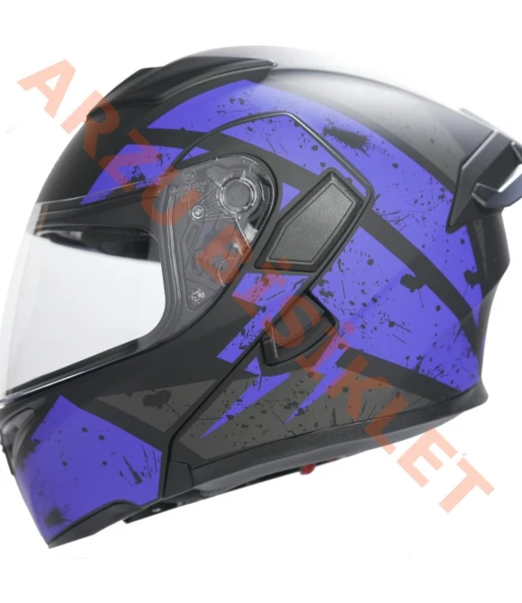 KC-ÇENE AÇILIR VİZÖRLÜ KASK [KC902B] SİYAH - MAVİ [L] E BELGELİ-66010***renkli vizör hediyeli***